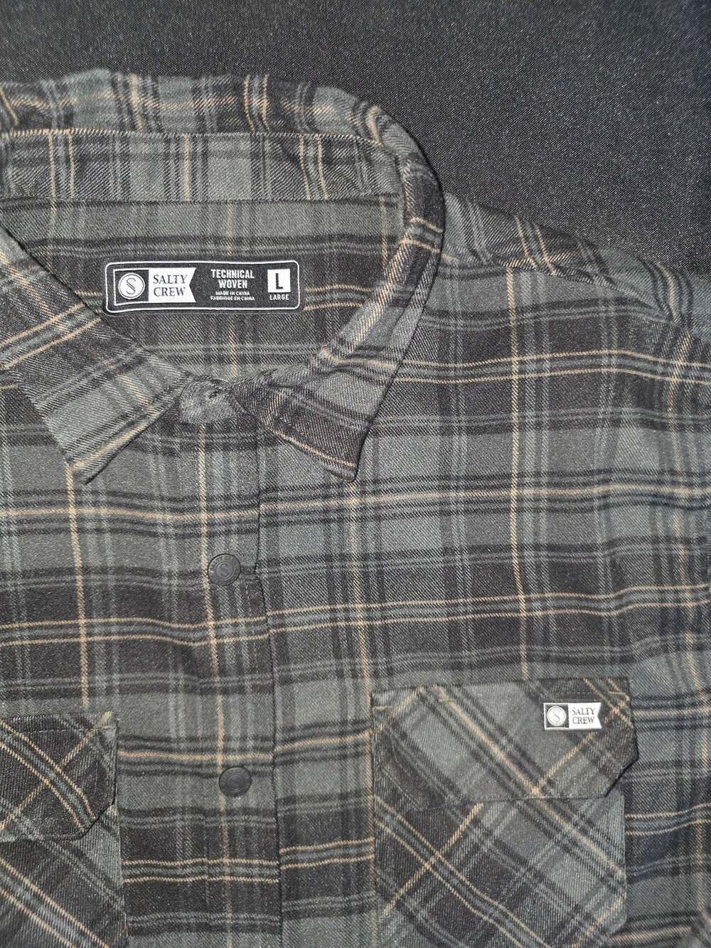 Salty Crew Technical Woven Flannel Shirt Size L Gray Black Plaid